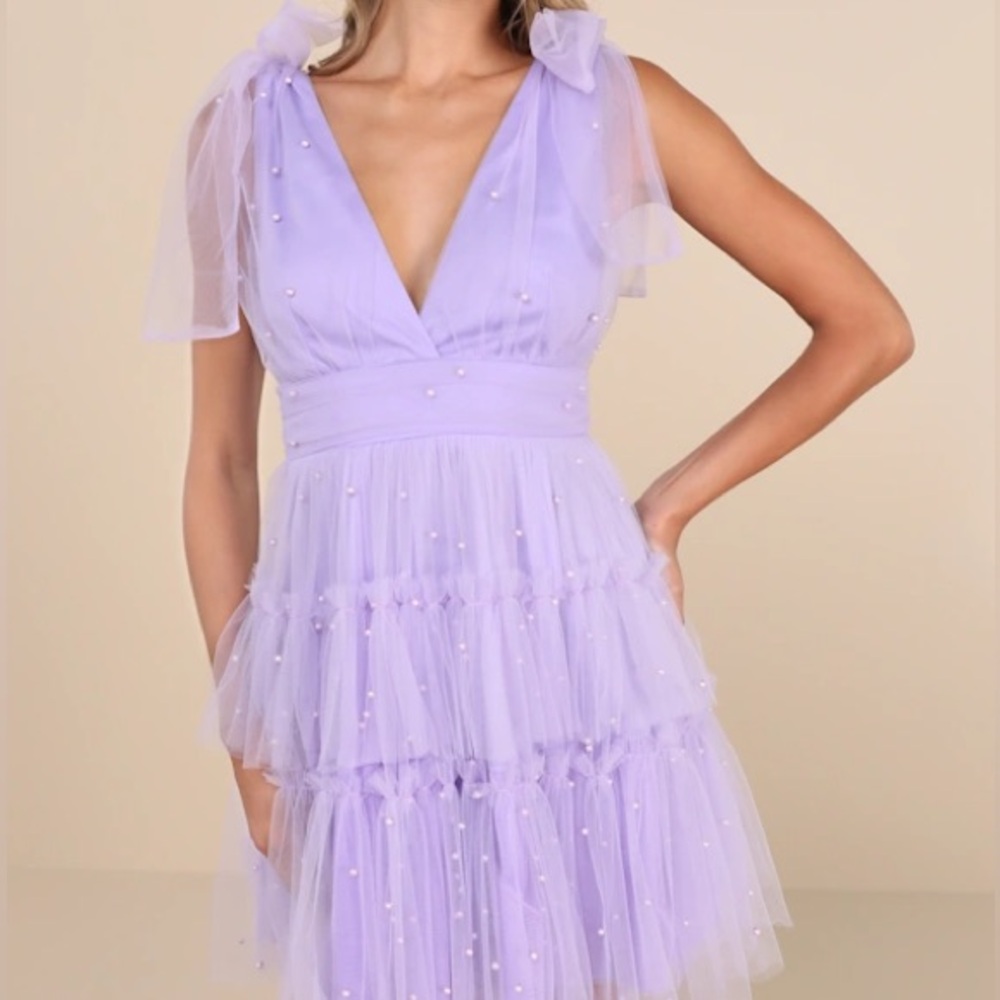 lulu’s tulle-proof lavender tulle beaded tie-shoulder tiered mini dress